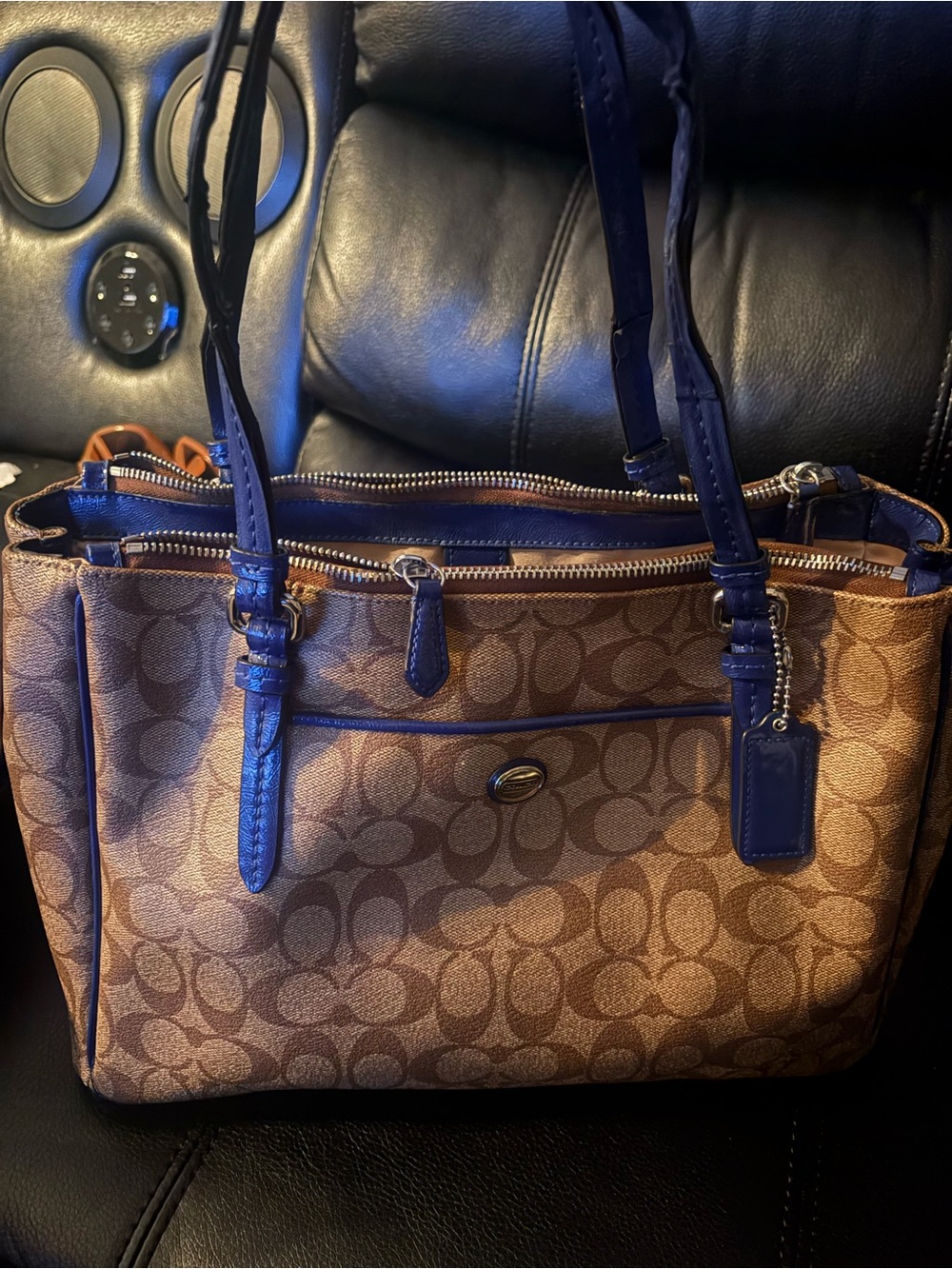 Coach Signature Canvas Tote in Brown with Navy Trim with matching wallet